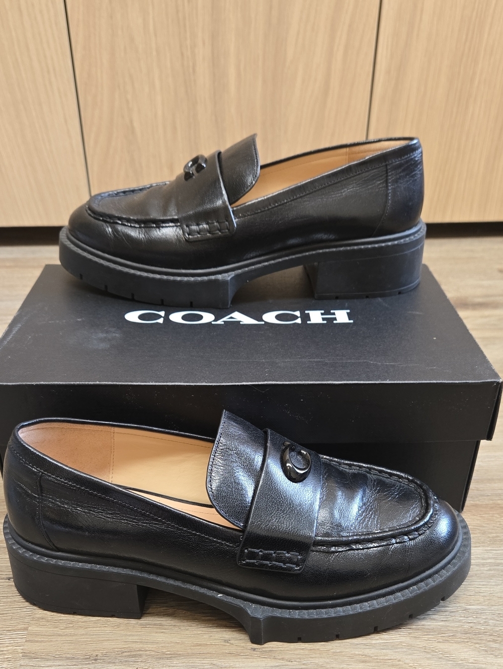 Coach Black Leather Lug-Sole Penny Loafers